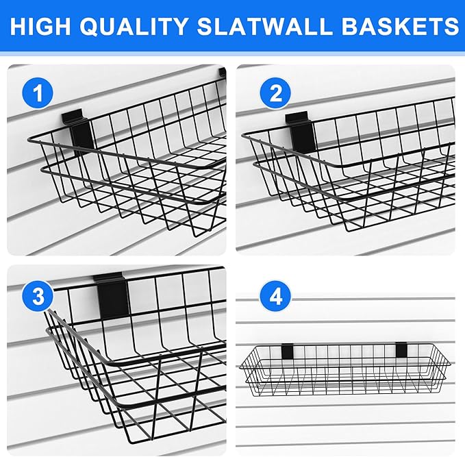 4 Pack Extra Large Slatwall Baskets, 24" x 12" x 4" Slatwall Panel Hanging Wire Basket for PVC Slatwall Ventilated Metal Slat