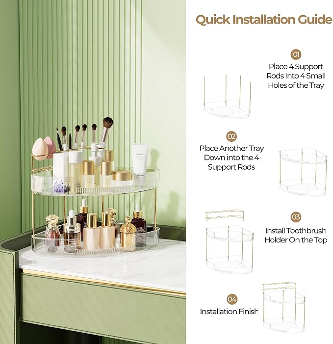 FELIZHOUSE 2-Tier Makeup Organizer for Vanity & Bathroom Countertop – Acrylic Storage Shelf with Perfume Tray & Makeup Brush 