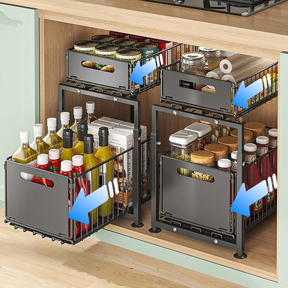 Under Sink Organizer, 2-Tier Multi-Use Kitchen and Bathroom Organizers and Storage, Slide Out Thickened Metal Under The Sink 