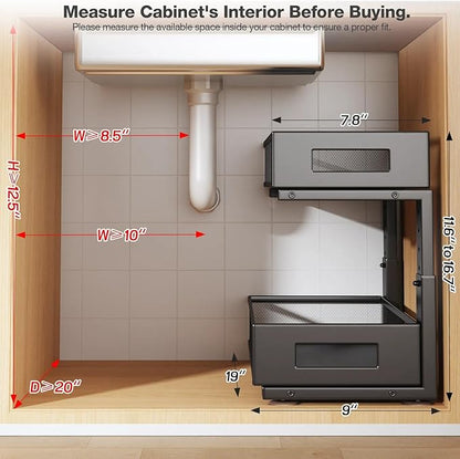 1 Pack 19IN Depth Under Sink Organizer, 2-Tier Pull Out Cabinet Organizer With Smooth Circular Rail, Large Capacity Metal Mes