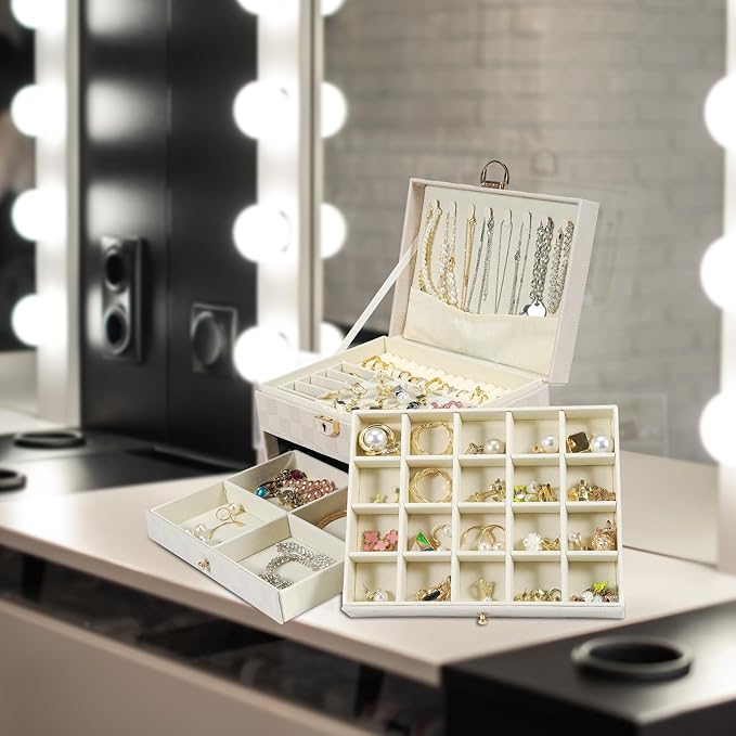 GUOER Jewelry Box for Women Girl Wife - Large PU Leather Jewelry Organizer Storage Case with 3 Layers Display for Earrings Br