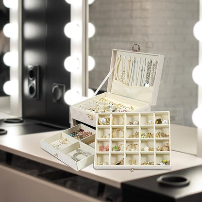 GUOER Jewelry Box for Women Girl Wife - Large PU Leather Jewelry Organizer Storage Case with 3 Layers Display for Earrings Br