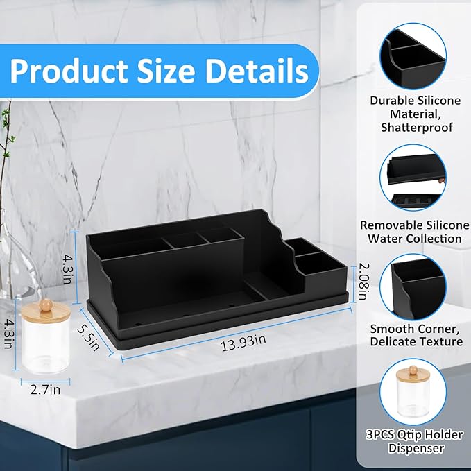 Bathroom Counter Organizer, Black Silicone Toothbrush Holders for Bathrooms Organizer Countertop with 3PCS Qtip Holder, Tooth