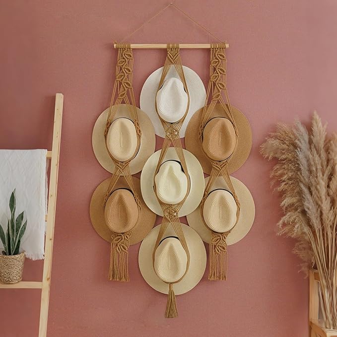 Tissting Macrame Hat Hanger 7 Styles Wall Mounted Organizer - Boho Home Decor Storage Solution for Wide Brim Hats Caps Displa