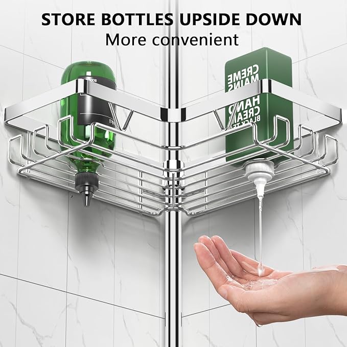 Corner Shower Caddy Tension Pole - Chrome Tension Rod Shower Caddy Adjustable Shampoo Holder for Bathroom/Bathtub/RV, Stainle