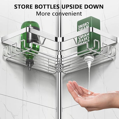 Corner Shower Caddy Tension Pole - Chrome Tension Rod Shower Caddy Adjustable Shampoo Holder for Bathroom/Bathtub/RV, Stainle