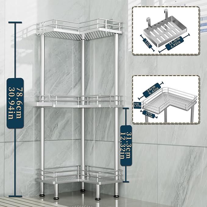 Consumest Corner Shower Caddy Standing - 3-Tier Stainless Steel Shower Organizer with Soap Holder and 4 Hooks, Large Capacity