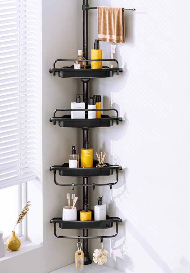 Rustproof Shower Caddy Tension Pole Corner Shower Caddy Organizer 4 Tier Adjustable Shelves with Tension Pole and Large Capac