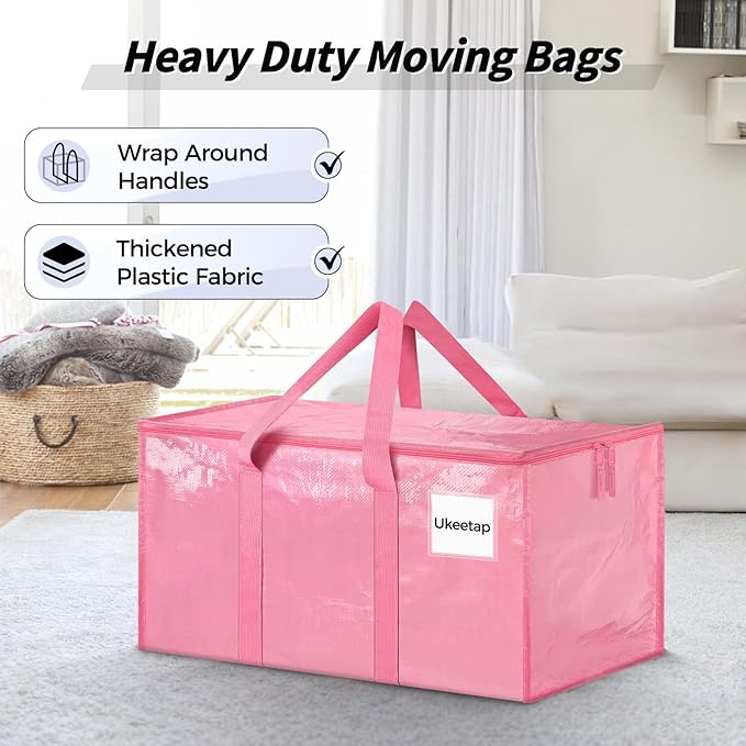 8 Pack Extra Large Heavy Duty Moving Bags, Pink Storage Bins with Lids, Reinforced Handles & Heavy-Duty Zippers Moving Boxes 