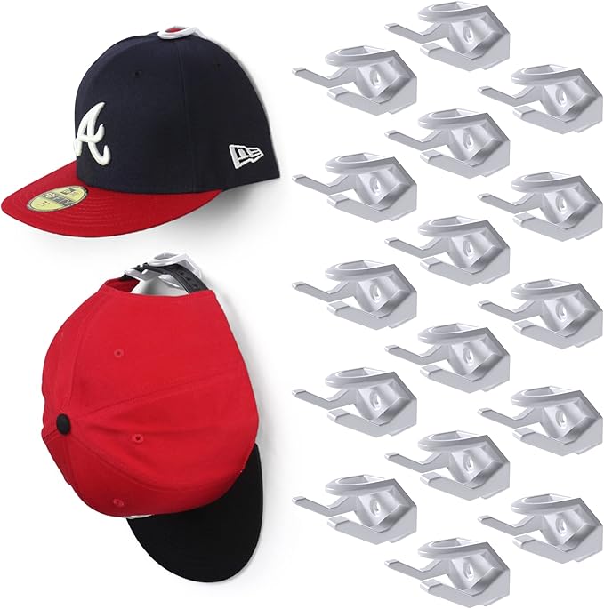 Modern JP Adhesive Hat Hooks for Wall (16-Pack) - Hat Rack for Baseball Caps, Minimalist Hat Display, Strong Hold Hat Hangers
