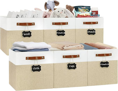13x13 Storage Cubes 6-Pack, Large Foldable Fabric Cube Storage Bin with Reinforced Bottom and Labels, Organizer Baskets for S