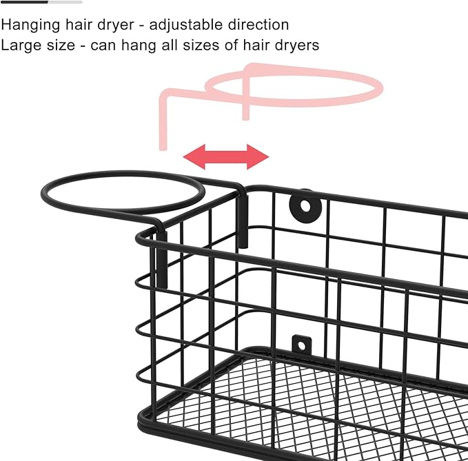 Wall-Mounted Hair Dryer Holder Styling Tool Organizer 4-Shelf Storage Wire Basket with Hook Heat Safe Rack for Hair-Straighte