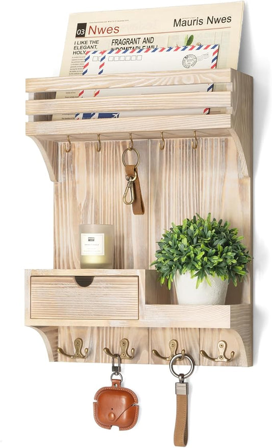 Rebee Vision Decorative Key Holder Wall Mount with Mini Drawer Organizer - Farmhouse Key Holder for Wall with Mail Organizer 