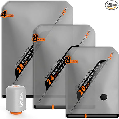 Vacbird Rechargeable Wireless Pump Travel Storage Bags Set - 20 Pack Portable Space Saver Bags for Travel & Home - Vacuum Com
