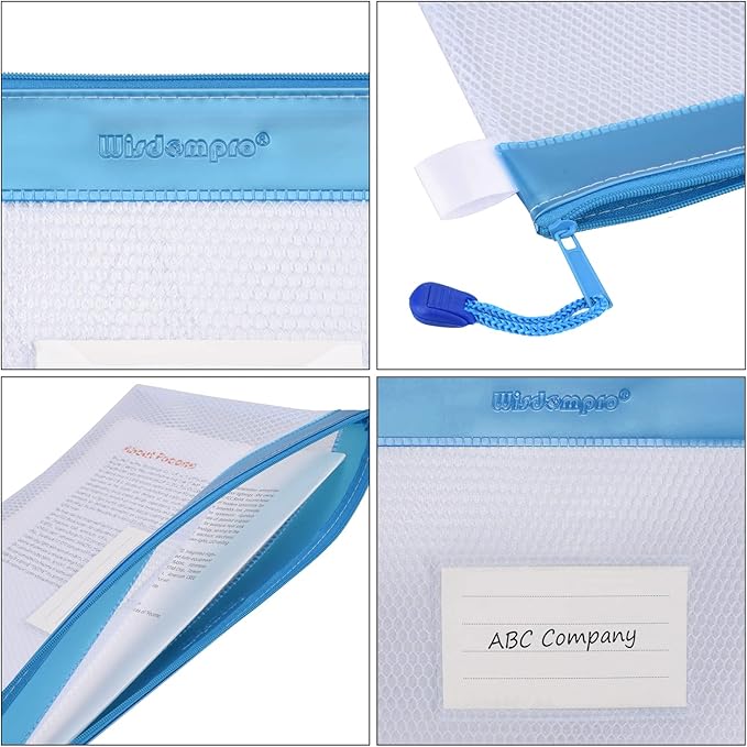 Wisdompro Zipper Pouch, 4 Packs Durable Letter Size Waterproof Mesh File Bag, Document Organizer - Blue