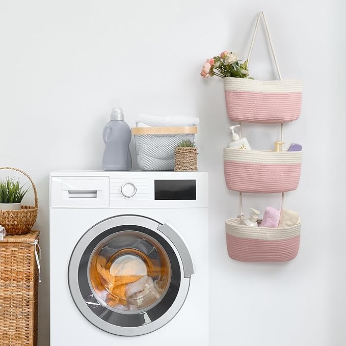 TeoKJ Over the Door Hanging Basket, 3-Tier Woven Cotton Wall-Mounted Storage Organizer Bag Decorative Hanging Nursery Baskets