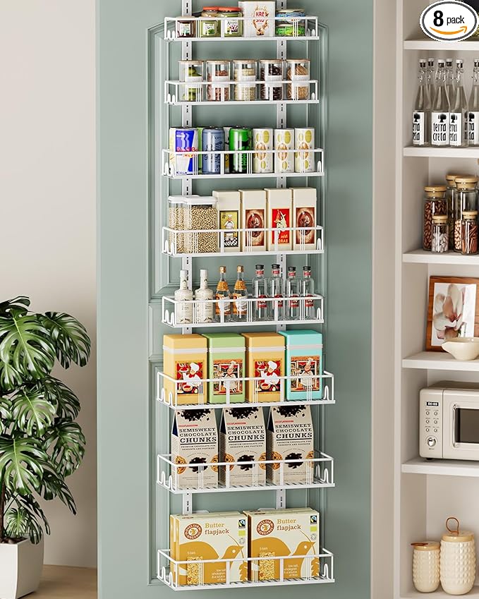 Bunoxea White 8-Tier Over The Door Pantry Organizer, Pantry Organization And Storage, Metal Hanging Spice Rack Shelves Door, 
