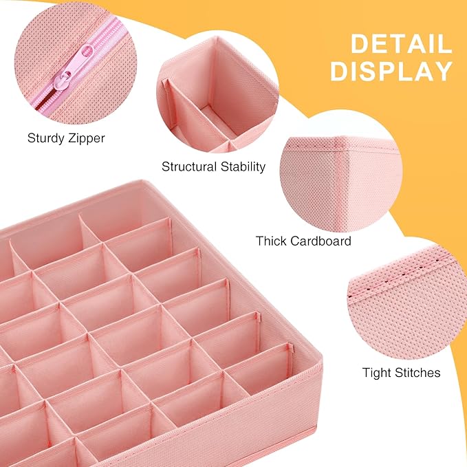 Sock Organizer 4 Pack - 24 Cell Foldable Underwear & Sock Storage, Drawer Organizer for Ties, Belts. (Pink)