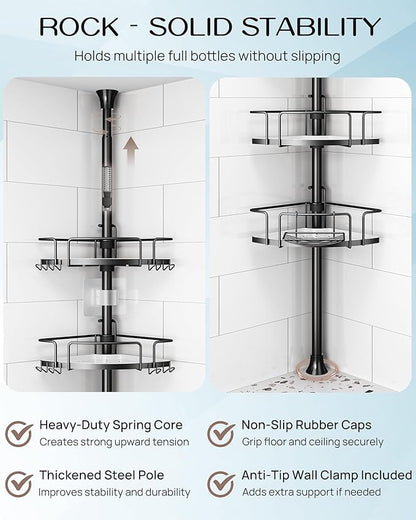 ALLZONE Corner Shower Caddy Tension Pole, 4 Repositionable Hang-On Baskets with Mixed-Height Shelves for Various Bottle Sizes
