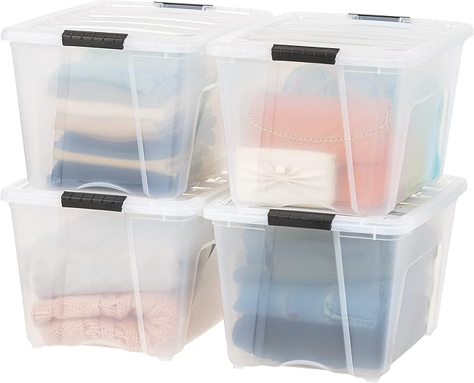 IRIS USA 54 Qt Stackable Plastic Storage Bins with Lids, 4 Pack - BPA-Free, Made in USA - See-Through Organizing Solution, La