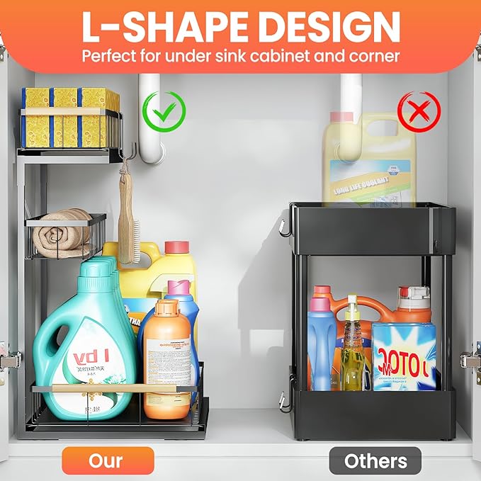 Under Sink Organizer and Storage for Bathroom and Kitchen - 2 Pack 3 Tier Under Cabinet Pull Out Shelf Organizers - Slide Out