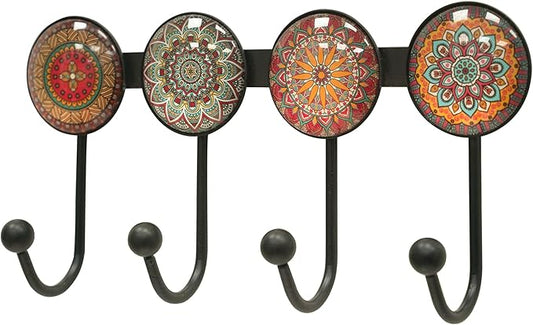 Coat Rack Wall Mounted with 4 Hooks, Round Brown Pattern Decorative Wall Hooks for Hanging Hat, Key, Towel, Purse, Bag and Ro