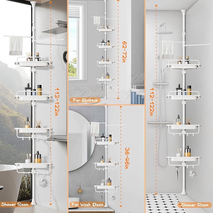 Upgrade Sturdy Shower Caddy Tension Pole Quick Installation Corner Shower Shelves 18/8 Stainless Steel Rustproof 4 Tier Adjus