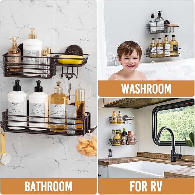 LEVERLOC Shower Caddy Suction Cup, 2 Pack Shelves for Inside with Hooks and Soap Organizer, NO-Drilling Bathroom Holder, Rust