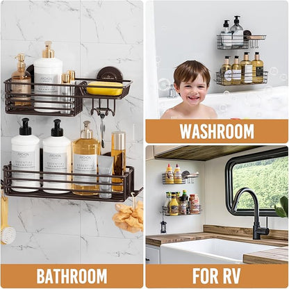 LEVERLOC Shower Caddy Suction Cup, 2 Pack Shelves for Inside with Hooks and Soap Organizer, NO-Drilling Bathroom Holder, Rust