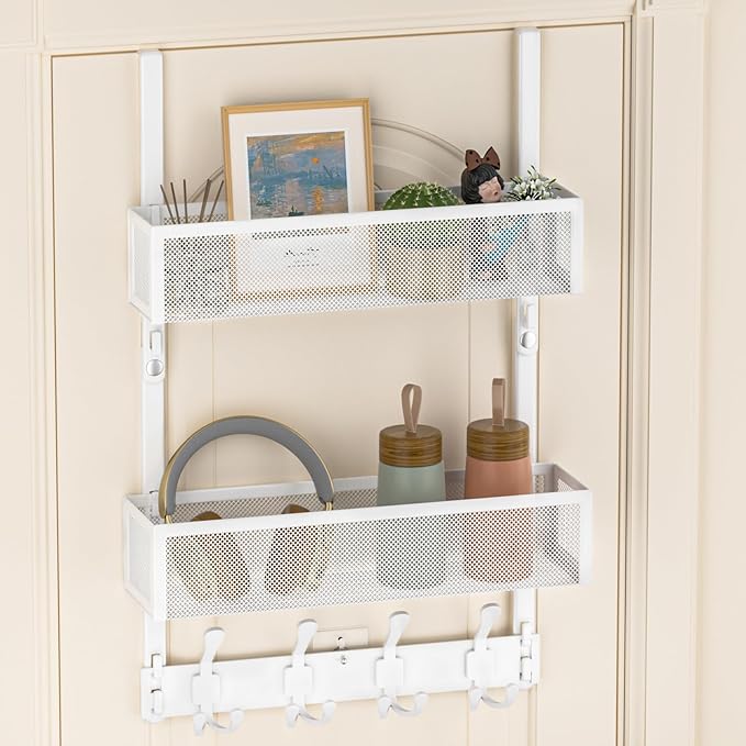 Over The Door Hooks Organizer, Door Hanger Towel Rack with 2 Baskets, Adjustable Over The Door Coat Rack, Back of Door Storag