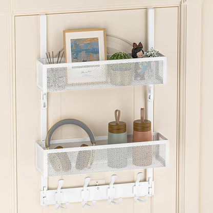 Over The Door Hooks Organizer, Door Hanger Towel Rack with 2 Baskets, Adjustable Over The Door Coat Rack, Back of Door Storag