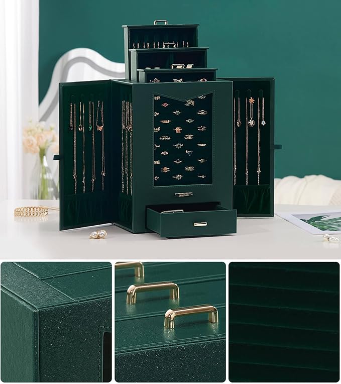 Homde Jewelry Organizer with Transparent Window Necklace Hooks Gift for Women Jewelry Box Display Case for Necklaces Rings Ea