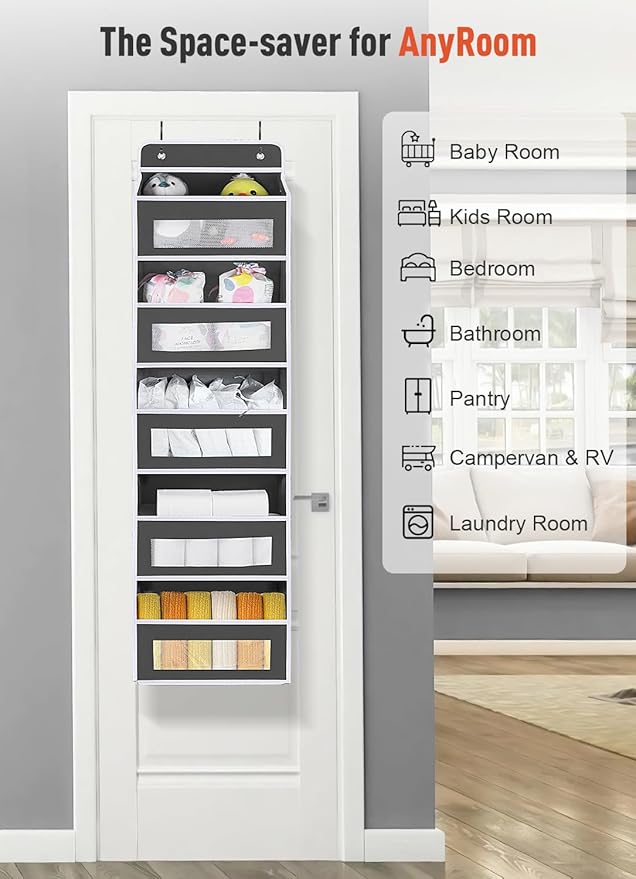 2 Pack Over The Door Organizer Storage, 5 Shelf Hanging Door with 5 Large Capacity Pockets, Anti Tilt 48 lb Load Behind Door 