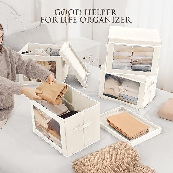 Homsorout Fabric Storage Bins with Lids, Decorative Storage Boxes, Closet Storage Bins with Window, Storage Baskets for Close