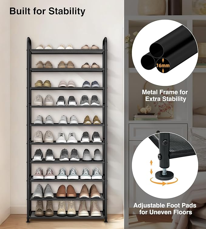 STO STO 10-Tier Shoe Rack with Sturdy Mesh Shelves, Tall Metal Shoe Organizer for Entryway, Closet, Garage, Front Door, Holds