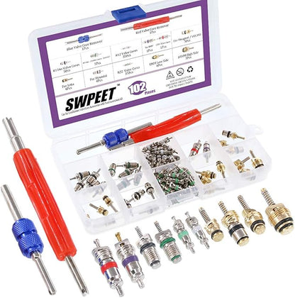 Swpeet 41Pcs R12 / R134a AC Master Valve Core Repair Kit, Including Assortment R12 R134a Valve Core Refrigeration Tire Stem w