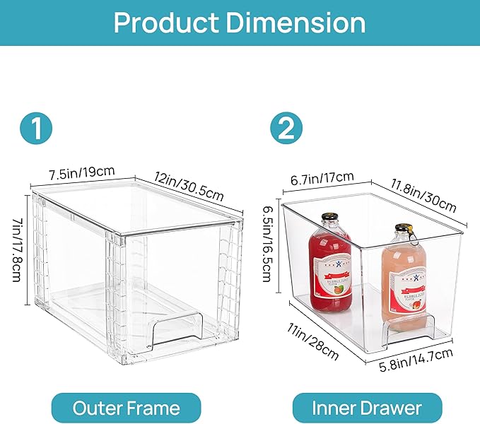 Vtopmart 2Pack Large Stackable Kitchen Pantry Storage Drawers, Clear Organizer Bins with Handles, Acrylic Drawer Organizers f