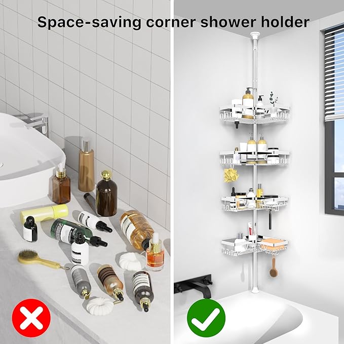 KEGII Corner Shower Caddy Tension Pole - Chrome 4-Tier Adjustable Shower Tension Rod Organizer with Hooks & Soap Holders, 25-