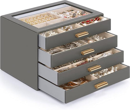 AKOZLIN Jewelry Box with Clear Lid Functional Leather Jewelry Storage Organizer Case 4 Drawers for Women Girls Necklace Ring 
