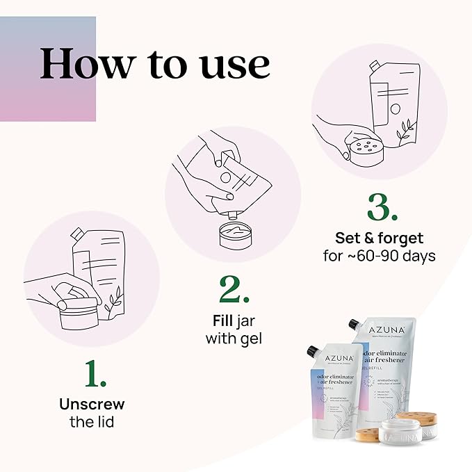 Azuna Air Freshener & Odor Eliminator for Strong Odor | 2 Room Kit Includes (2) 8 oz. Empty Luxe Glass Jars & 12 oz | Refill 