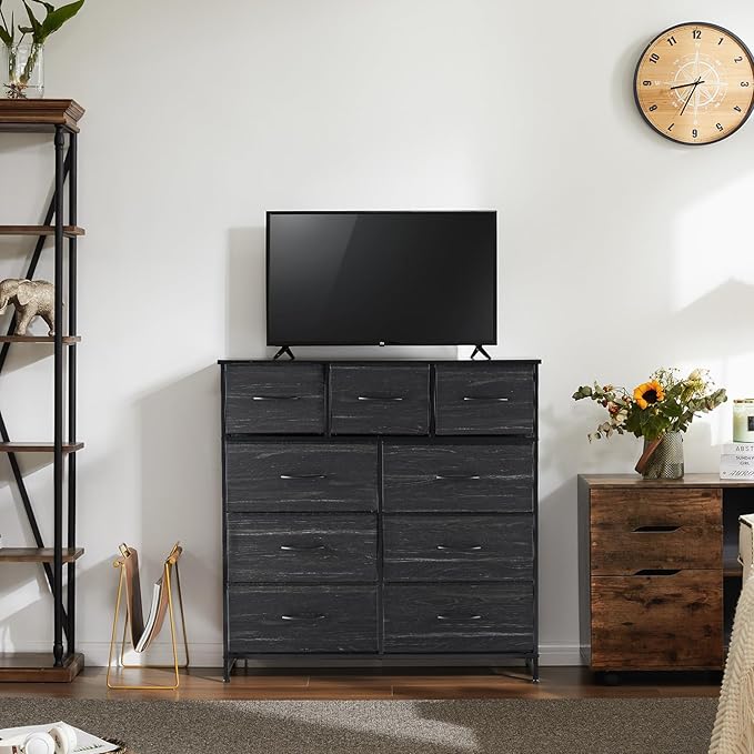 DUMOS 9 Drawer Dresser for Bedroom, Fabric Storage Organizer with Sturdy Metal Frame, Wooden Top Chest of Drawers for Closet 