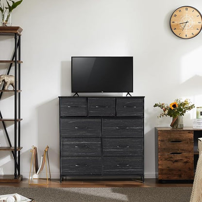 DUMOS 9 Drawer Dresser for Bedroom, Fabric Storage Organizer with Sturdy Metal Frame, Wooden Top Chest of Drawers for Closet 