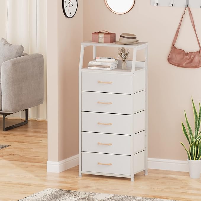 Furnulem White Dresser with 5 Drawers, Vertical Storage Tower Fabric Dresser for Bedroom, Hallway, Entryway, Nursery, Closet 