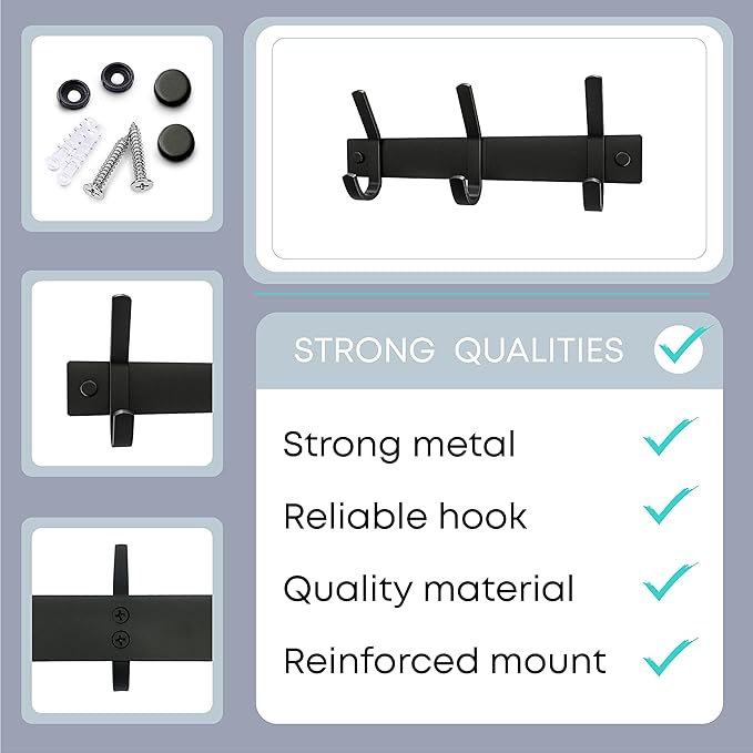Matte Black Small Coat Rack Wall Mount – 9 Inch Stainless Steel Hook Rail with 3 Double Coat Hooks – Wall Mounted Entryway Or