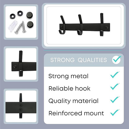 Matte Black Small Coat Rack Wall Mount – 9 Inch Stainless Steel Hook Rail with 3 Double Coat Hooks – Wall Mounted Entryway Or
