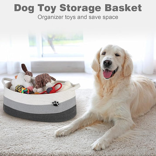 Optish Dog Toy Basket, Toy Box and Bin for Dog Cat Storage, 19.7" X 11" X 7.9" (30L) Large Woven Basket for Blanket Storage, 