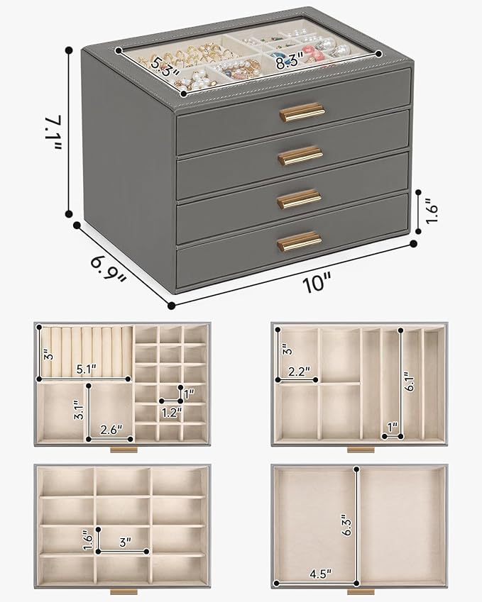 AKOZLIN Jewelry Box with Clear Lid Functional Leather Jewelry Storage Organizer Case 4 Drawers for Women Girls Necklace Ring 