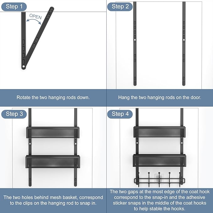 Adjustable Over The Door Hooks Organizer, Door Hanger Coat Rack with 2 Mesh Baskets and 10 Hooks, Back of Door Storage Organi