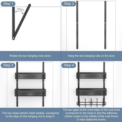 Adjustable Over The Door Hooks Organizer, Door Hanger Coat Rack with 2 Mesh Baskets and 10 Hooks, Back of Door Storage Organi