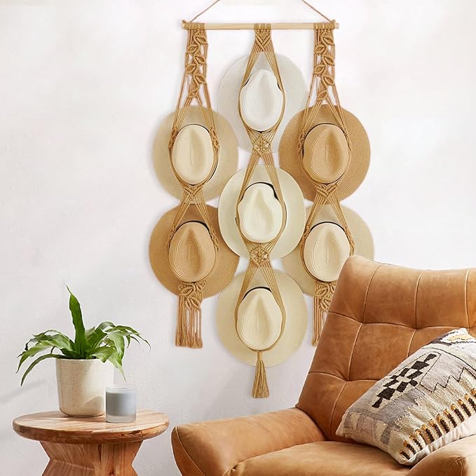 Tissting Macrame Hat Hanger 7 Styles Wall Mounted Organizer - Boho Home Decor Storage Solution for Wide Brim Hats Caps Displa